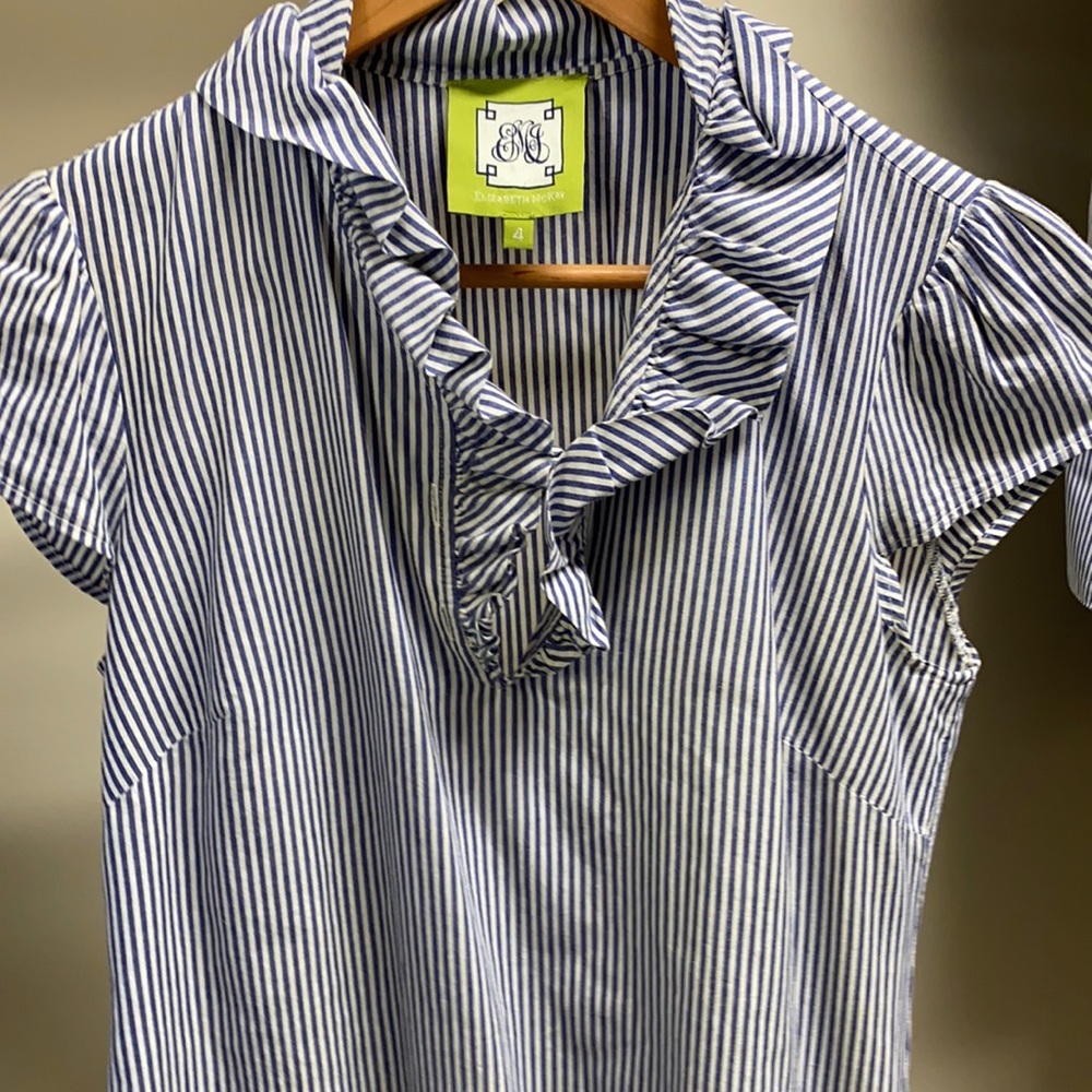 Classy blue and white stripe blouse w/ruffle neck